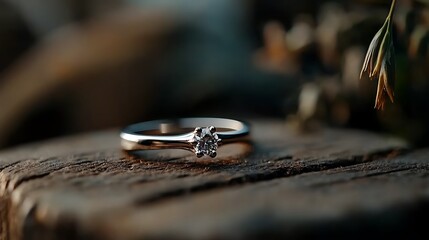 Diamond ring on wood, nature background, engagement, jewelry photography, romantic