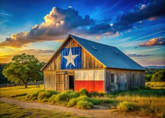 Obraz premium Rustic Texas ranch barn with state flag roof, perfect for countryside stock photography.
