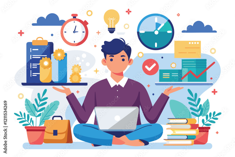 Poster a person balances work tasks and time management while seated in a comfortable home workspace illust