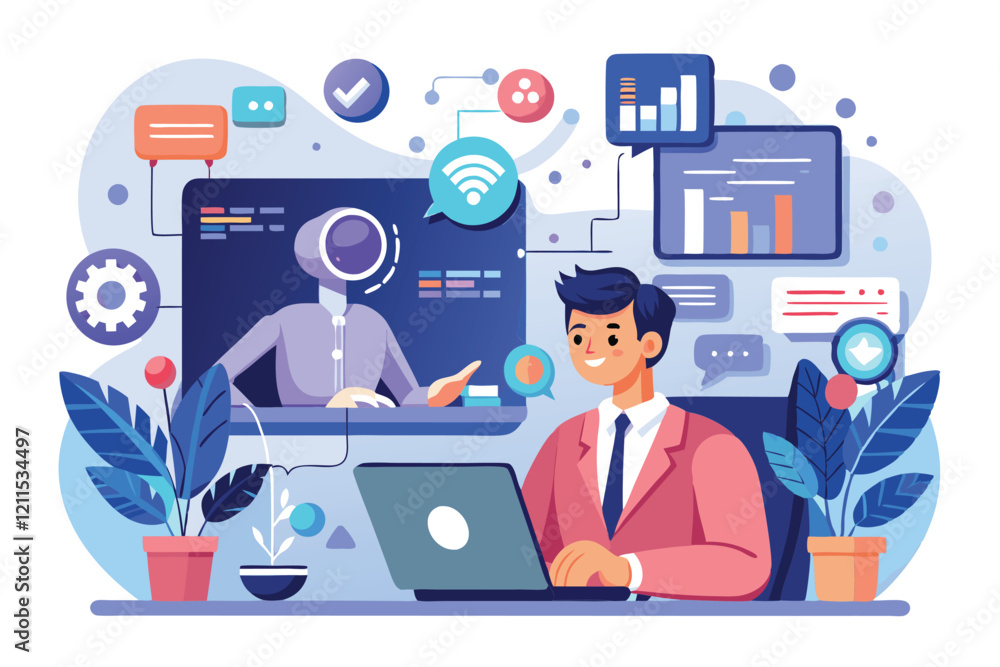 Poster a professional engaging in research while utilizing digital tools and data visualization illustratio