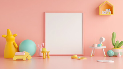 colorful kids room mock up featuring blank wall, playful toys, and decorative elements. vibrant decor creates cheerful atmosphere perfect for children