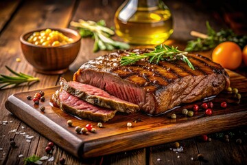 Savor succulent grilled flank steak, marinated to perfection, displayed on a rustic wooden board. Low-light photography captures its juicy deliciousness.