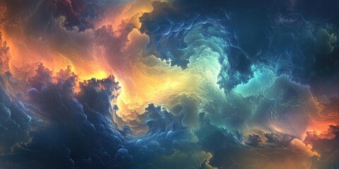 Vibrant abstract cloud formations in swirling hues of orange, blue, and teal blending seamlessly against a dark background.