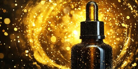 Black serum bottle with dropper in focus against a swirling gold glitter background featuring sparkling yellow bokeh lights and soft highlights.