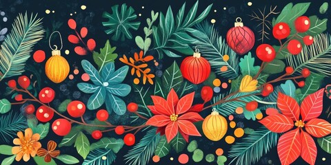 Fototapeta premium Vibrant holiday greeting card featuring colorful ornaments red and yellow among lush green foliage and festive flowers on a dark background.