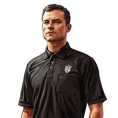 Serious-looking Man in Black Polo Shirt with Badge.