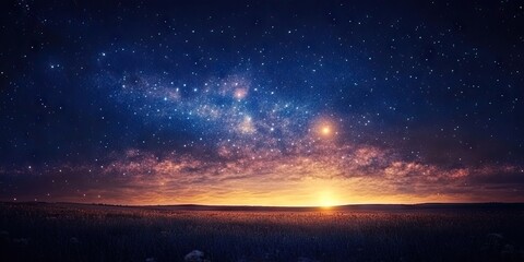 Stunning twilight landscape showcasing a starry night sky filled with vibrant stars and the Milky Way over a peaceful meadow, warm hues of sunset.