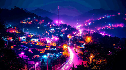 Obraz premium Vibrant Night View of a Hillside Town, Illuminated with Colorful Lights and Dynamic Motion Trails
