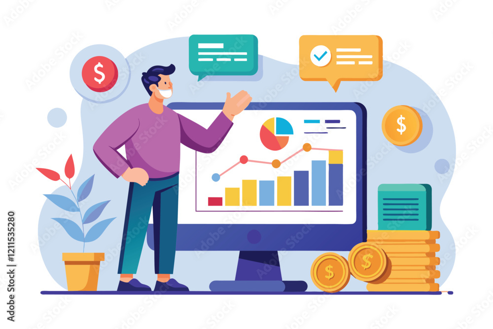 Poster a man points at a computer screen showing financial charts and graphs, emphasizing key data analysis