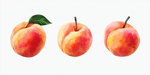 Three watercolor-style peaches with soft peach and yellow hues, arranged horizontally on a light pastel background, with one leaf accent.