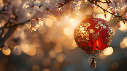Elegant Chinese New Year greeting card with gold lantern and floral patterns