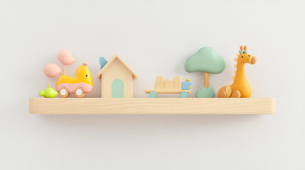 Colorful wooden toys on shelf, including train, house, tree, and giraffe, create cozy and playful atmosphere for child room
