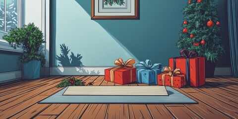 Cartoon style Christmas room with a flat gift presentation board in center, red and blue wrapped gifts nearby, green tree, sunlight casting shadows.