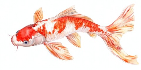 Fototapeta premium Colorful koi fish swimming gracefully, detailed orange and white patterns, positioned centrally on a soft light blue background.