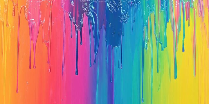 Colorful paint backdrop with drippy rainbow hues blending vibrant pink, blue, and yellow tones creating a minimalist abstract design.
