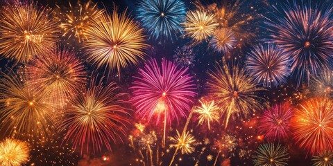 Fototapeta premium Colorful fireworks burst in various hues of orange pink blue and gold against a dark night sky creating a vibrant festive backdrop for celebrations