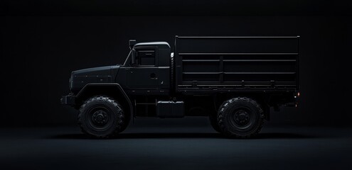 Black military-style cargo truck profile view on dark background.