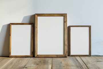 Horizontall wood frame mock up. Wooden frame poster on wooden floor with white wall. Landscape frame 3d illustrations., Generative AI