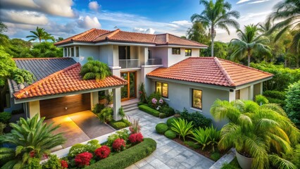Obraz premium Sleek grey tropical home, vibrant red roof, lush landscaping; architectural masterpiece.