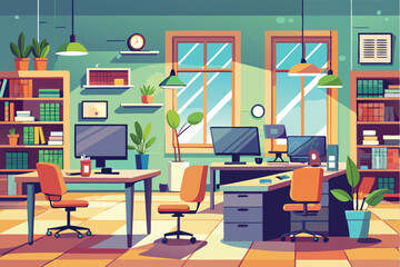 An office displays organized workspaces with computers, shelves, and plants in a productive environment Illustration of an office room with tables, shelves and computers,