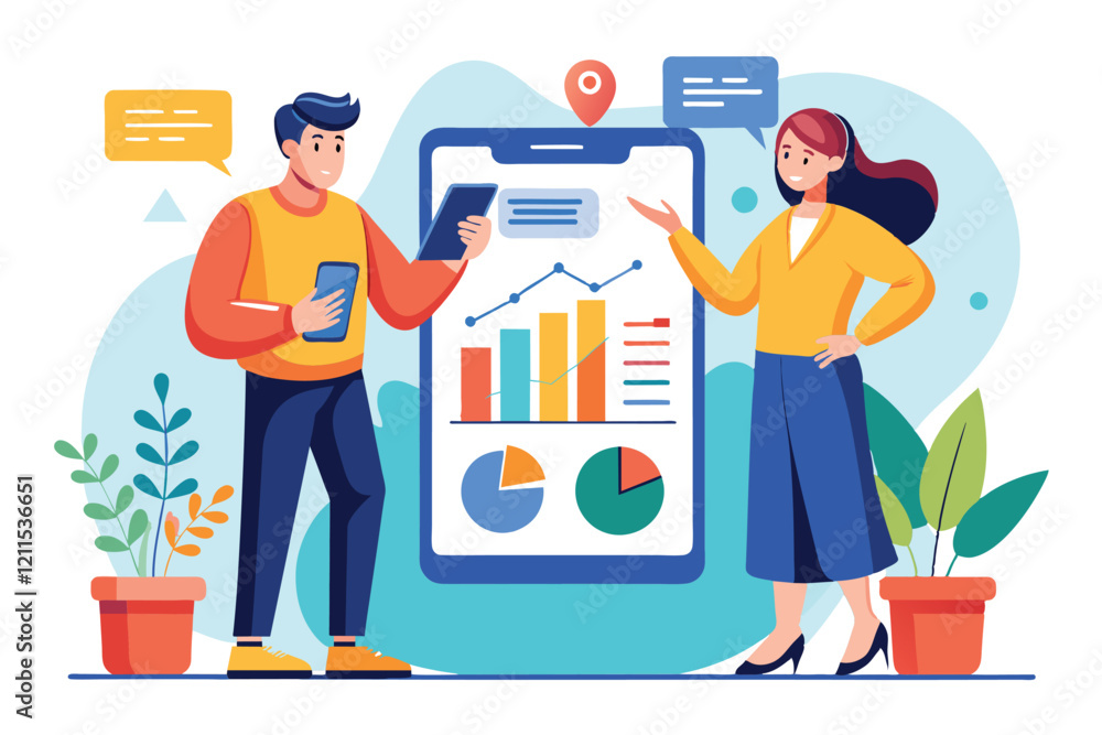 Aufkleber a woman and a man discuss data insights while examining a digital chart on a mobile device illustrat