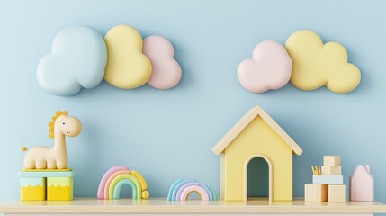 colorful minimalist wall decor in kids Scandinavian interior featuring playful clouds, dinosaur toy, and vibrant rainbows. This cheerful setup enhances child room