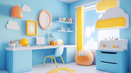 modern child bedroom featuring clean lines, bright blue walls, and playful decor. room includes desk, colorful storage, and cheerful accents, creating joyful atmosphere