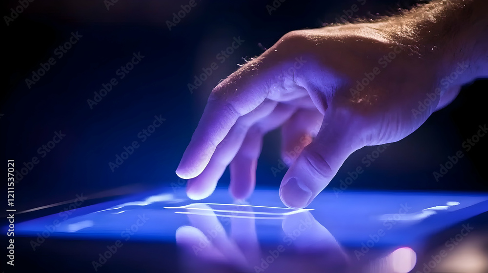 Poster hand using a touchscreen tablet in low light