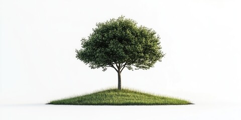 Lush green tree on a small grassy mound isolated against a clean white background emphasizing tranquility and nature's simplicity