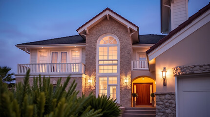 Luxury Stone House Exterior at Night: Modern Architecture, Elegant Design, Dream Home, Real Estate