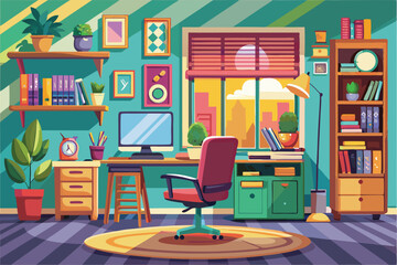 Fototapeta premium A bright interior featuring a desk, chair, plants, and a window with a city view during daylight Illustration of detailed color side view interior home office room