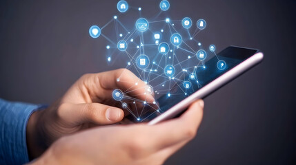 Hands using smartphone, interconnected digital icons, network technology, grey background, for tech articles