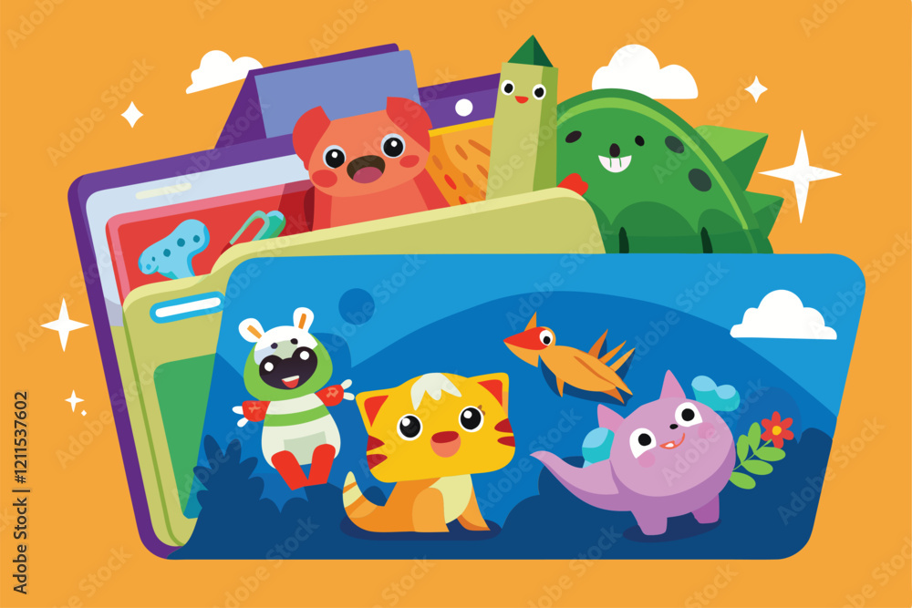 Poster a cheerful folder filled with cute characters enjoying bright adventures in a whimsical environment 