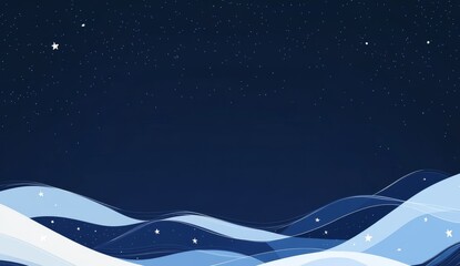 Night sky over stylized snowy hills.