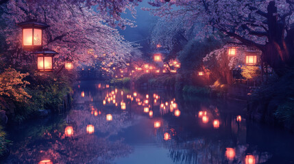 Naklejka premium Moonlit riverside garden with lanterns and cherry blossoms