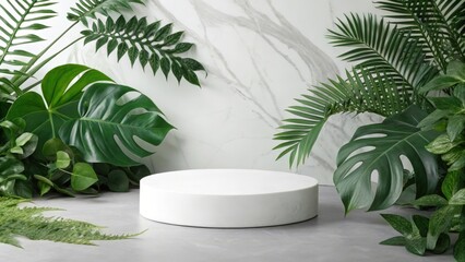 white podium with plants background
