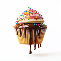 Colorful Cupcake with Dripping Chocolate and Sprinkles.