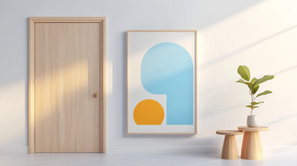 Modern Scandinavian hallway featuring sleek design, simple artwork, and natural light. space includes wooden door, colorful abstract painting, and potted plant