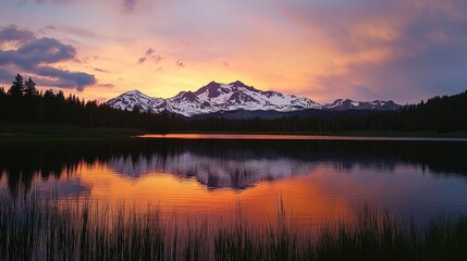 Fototapeta premium Serene lake reflections of snow-capped mountains glowing under a vivid sunset sky