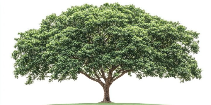 Large green Samanea saman tree with a wide canopy on white background showcasing vibrant foliage and ample space for creative applications