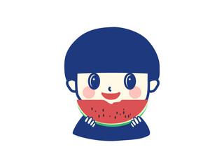 ハーフカットの赤いすいかを食べる男の子