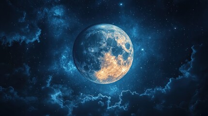 Obraz premium A luminous full moon shining brightly in a starry night sky, surrounded by wispy clouds