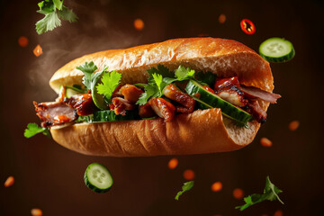Vietnamese Banh Mi with Pork and Fresh Vegetables.