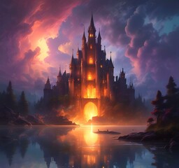 Naklejka premium Illustration of glowing mystery tower castle in night.