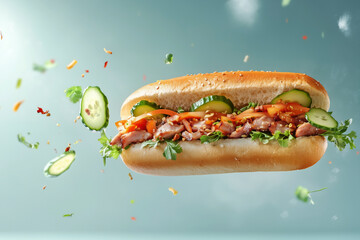 Vietnamese Banh Mi with Pork and Fresh Vegetables.