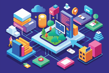 A lively digital landscape displaying various smart devices and technology interacting with a green area Image upload Customizable Isometric Illustration
