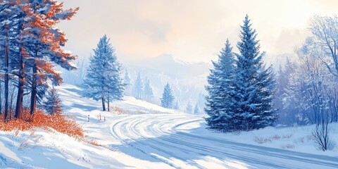 Naklejka premium Serene winter landscape featuring a winding snowy road surrounded by evergreen and bare trees in soft pastel colors under a hazy sky