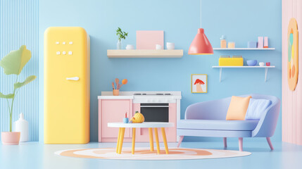 Bright and colorful Scandinavian living area featuring yellow fridge, pastel kitchen, and modern furniture. cheerful design creates welcoming atmosphere
