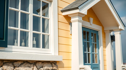 Fototapeta premium Charming Yellow House Exterior with Blue Door and White Trim. Beautiful Home Architecture and Design. Perfect for Real Estate Listings and Home Improvement Inspiration