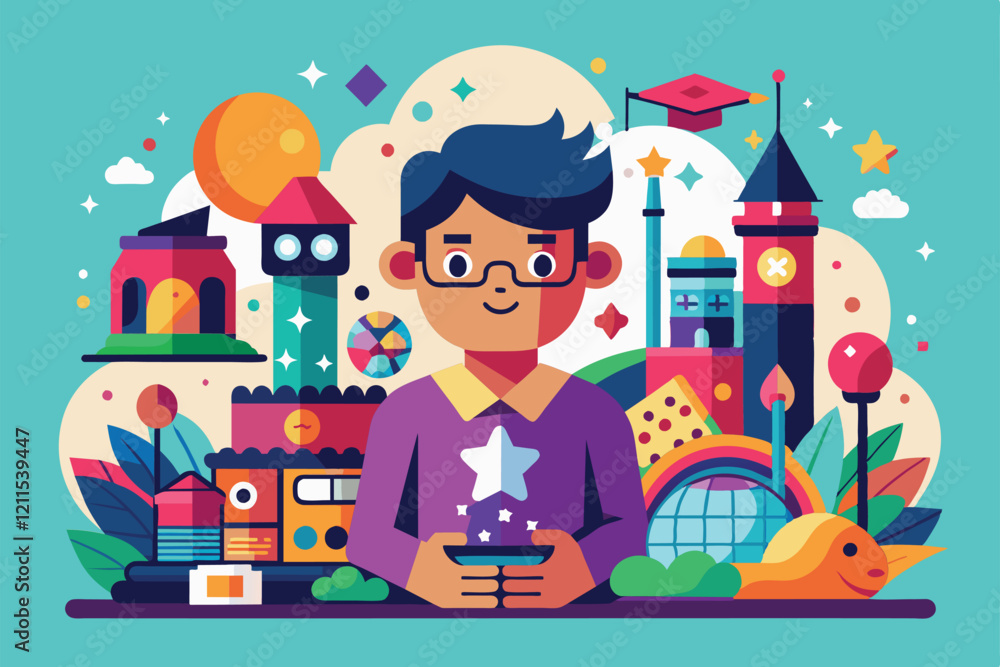 Poster a boy interacts with whimsical objects and vibrant imagery in a bright creative space imagination cu